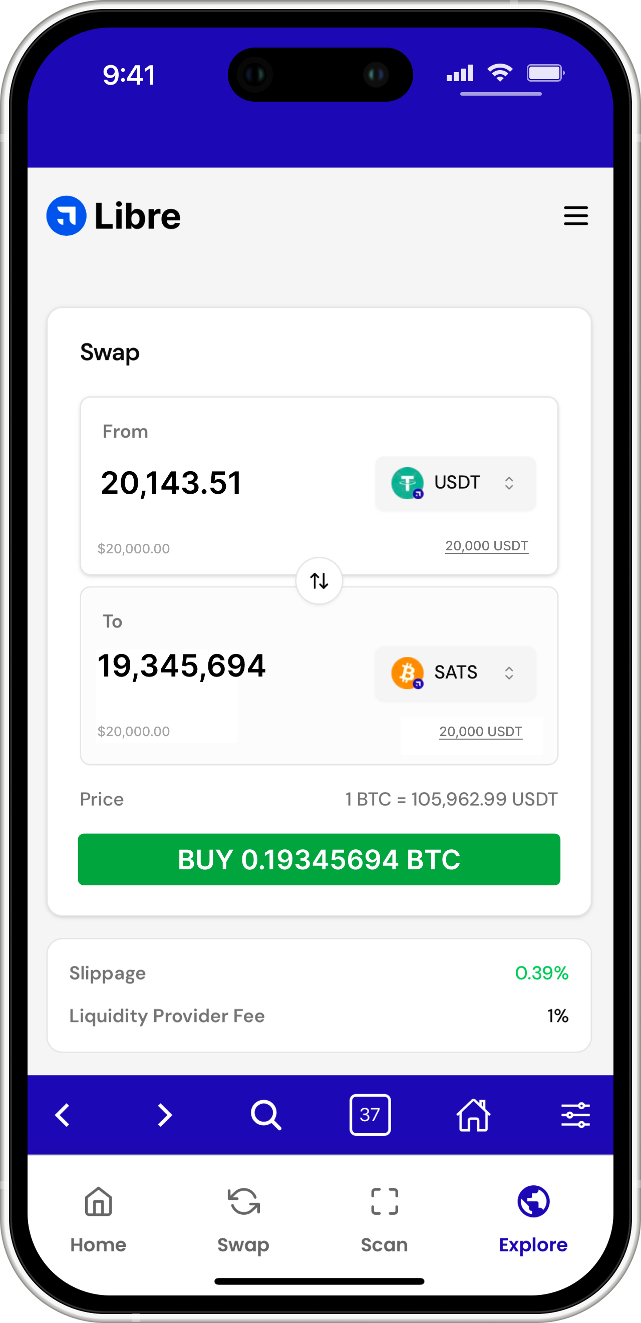 Bitcoin Libre Swap Screen